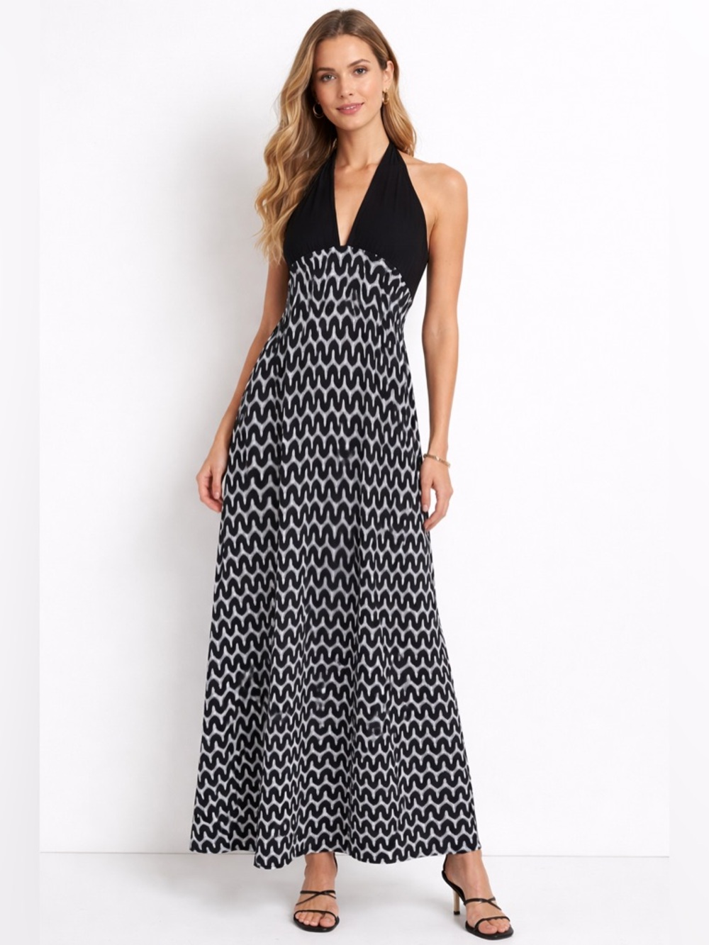 Black and White Patterned Halter Maxi Dress Open Knit Beach Cover Up